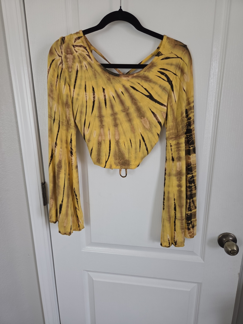 Women’s Yellow Tie-Dye Long Sleeve Crop Top with Crisscross Back